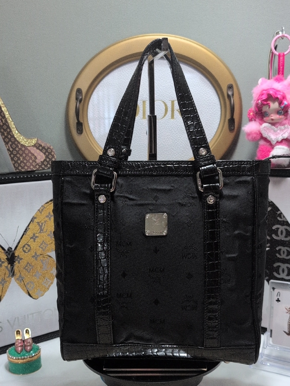 MCM Black Nylon Signature Monogram & Patent Leather Croc Embossed Trim Tote NEW - Picture 1 of 17